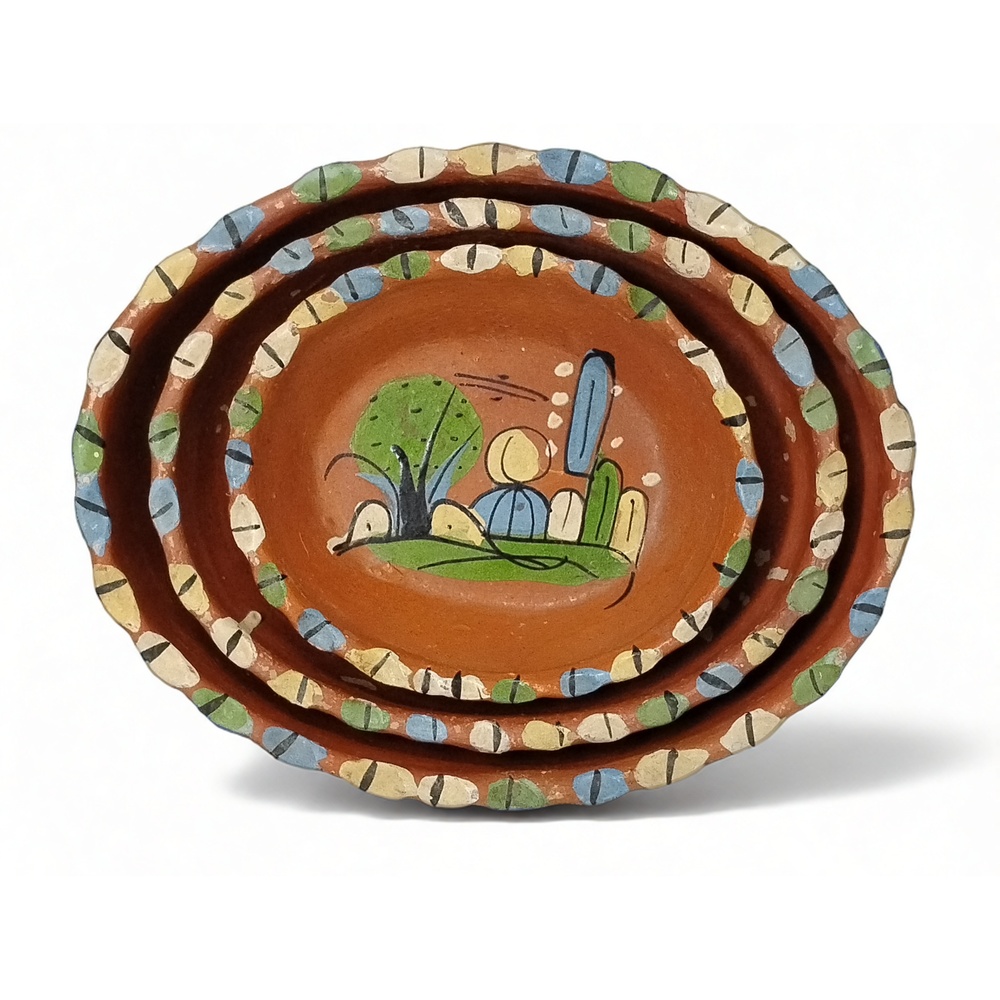 Set of 3 Vintage Mexican Redware Nesting Bowls Hand Painted Folk Art Kitchen